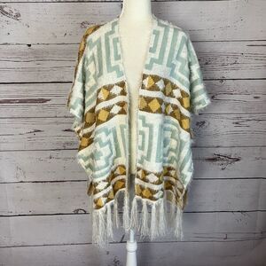 Free‎ People Shawl Diamond Back Cozy Kim Ivory Multicolor Fringe Boho Poncho